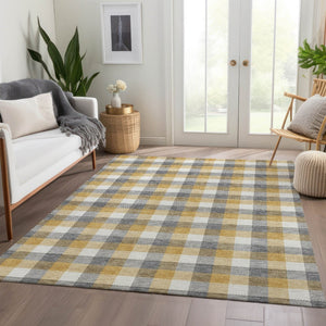HomeRoots 9' X 12' Gray Ivory Gold Plaid Washable Area Rug - Durable, Stain-Resistant with UV Protection! 682552