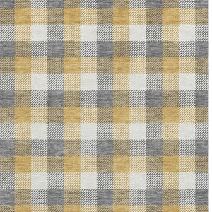 HomeRoots 9' X 12' Gray Ivory Gold Plaid Washable Area Rug - Durable, Stain-Resistant with UV Protection! 682552