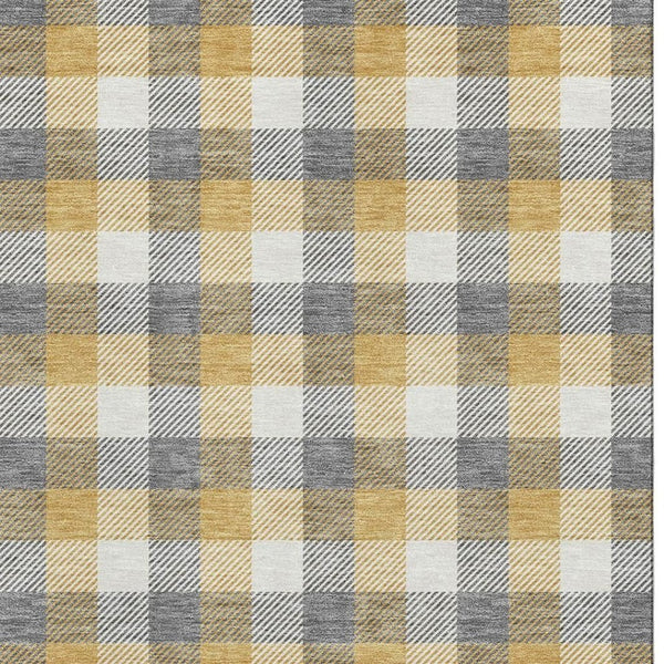 HomeRoots 9' X 12' Gray Ivory Gold Plaid Washable Area Rug - Durable, Stain-Resistant with UV Protection! 682552