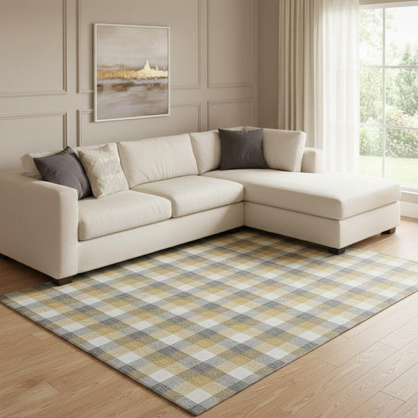 HomeRoots 10' Gray Ivory & Gold Plaid Washable Area Rug – Durable, UV Protected, Perfect for Family Spaces! 682553