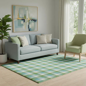 HomeRoots 5' X 8' Washable Plaid Area Rug in Lime Green, Teal & Ivory - UV Protected, Stain Resistant & Durable 682555