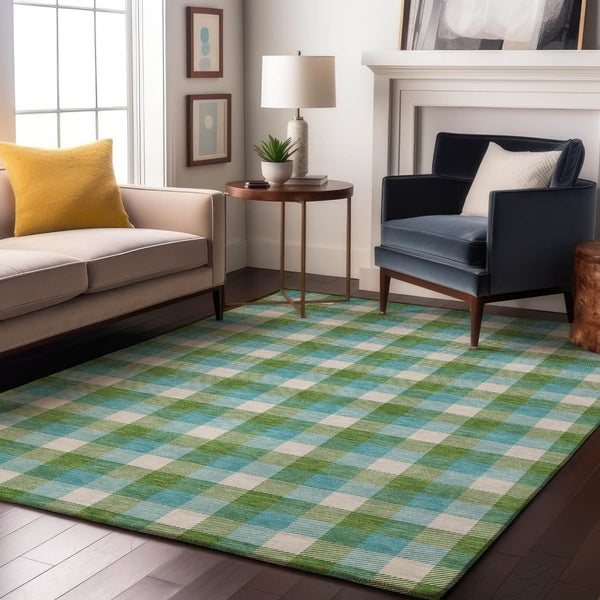 HomeRoots 5' X 8' Washable Plaid Area Rug in Lime Green, Teal & Ivory - UV Protected, Stain Resistant & Durable 682555