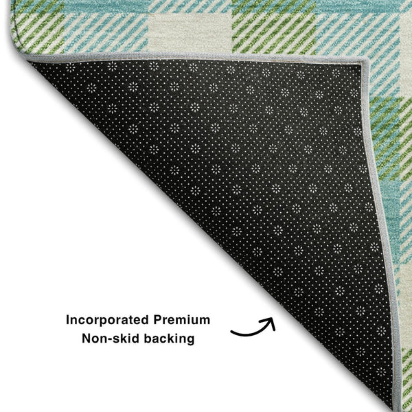 HomeRoots 5' X 8' Washable Plaid Area Rug in Lime Green, Teal & Ivory - UV Protected, Stain Resistant & Durable 682555