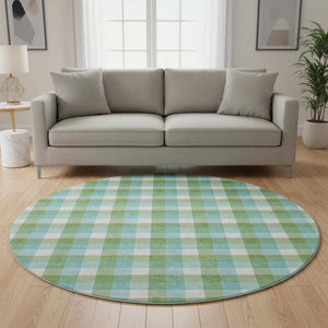 HomeRoots 8' Vibrant Lime Green, Teal & Ivory Plaid Washable Round Rug - UV Protected, Stain Resistant Design! 682556