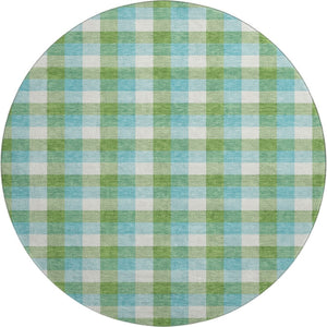 HomeRoots 8' Vibrant Lime Green, Teal & Ivory Plaid Washable Round Rug - UV Protected, Stain Resistant Design! 682556