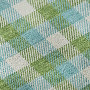 HomeRoots 8' Vibrant Lime Green, Teal & Ivory Plaid Washable Round Rug - UV Protected, Stain Resistant Design! 682556