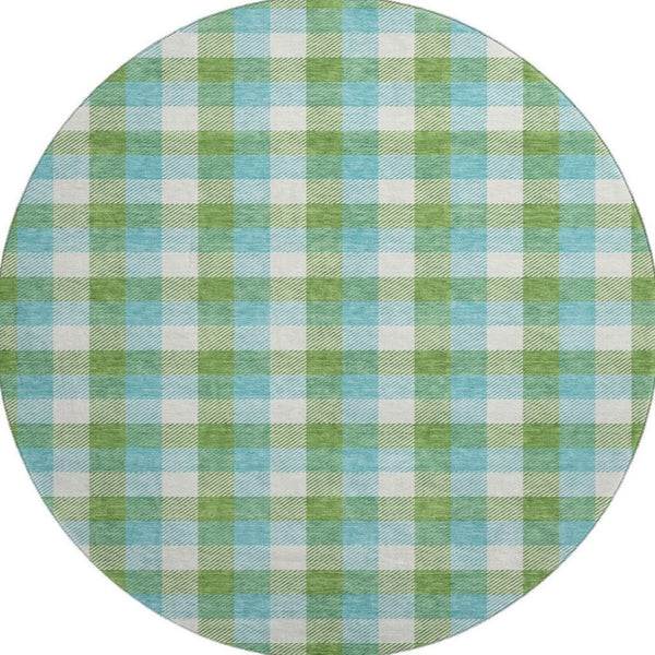HomeRoots 8' Vibrant Lime Green, Teal & Ivory Plaid Washable Round Rug - UV Protected, Stain Resistant Design! 682556