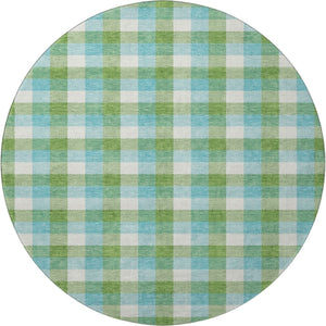 HomeRoots 8' Vibrant Lime Green, Teal & Ivory Plaid Washable Round Rug - UV Protected, Stain Resistant Design! 682556