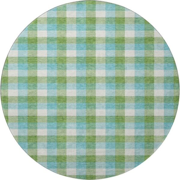 HomeRoots 8' Vibrant Lime Green, Teal & Ivory Plaid Washable Round Rug - UV Protected, Stain Resistant Design! 682556