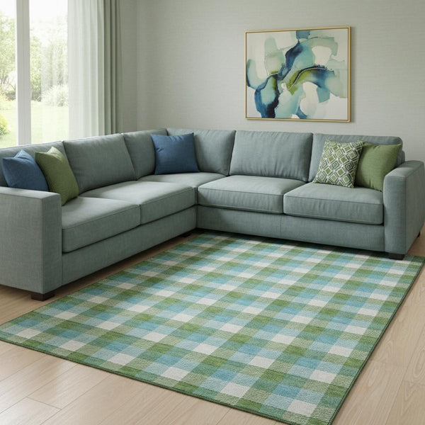 HomeRoots 8' X 10' Vibrant Lime Green, Teal & Ivory Plaid Washable Area Rug with UV Protection & Stain Resistance 682557
