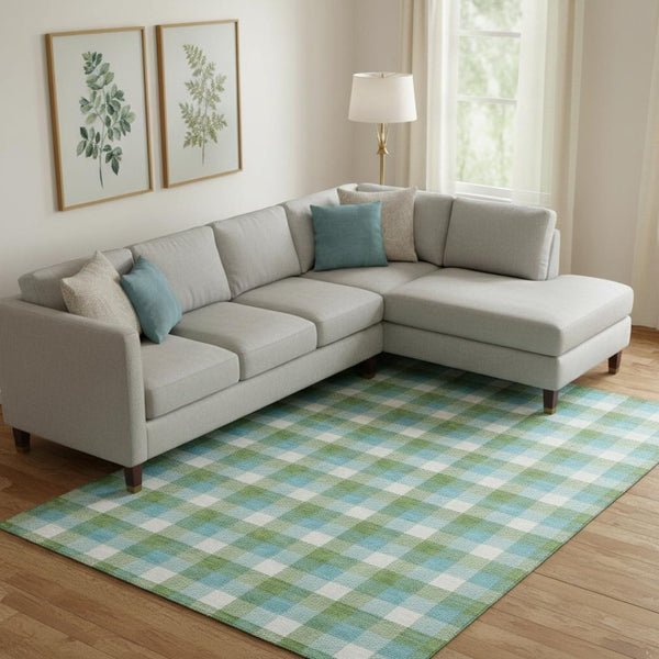 HomeRoots 9' X 12' Vibrant Lime Green Teal Ivory Plaid Area Rug - Washable, Stain Resistant & UV Protected! 682558