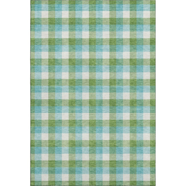 HomeRoots 9' X 12' Vibrant Lime Green Teal Ivory Plaid Area Rug - Washable, Stain Resistant & UV Protected! 682558