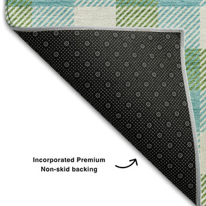 HomeRoots 9' X 12' Vibrant Lime Green Teal Ivory Plaid Area Rug - Washable, Stain Resistant & UV Protected! 682558