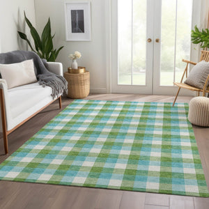 HomeRoots 9' X 12' Vibrant Lime Green Teal Ivory Plaid Area Rug - Washable, Stain Resistant & UV Protected! 682558