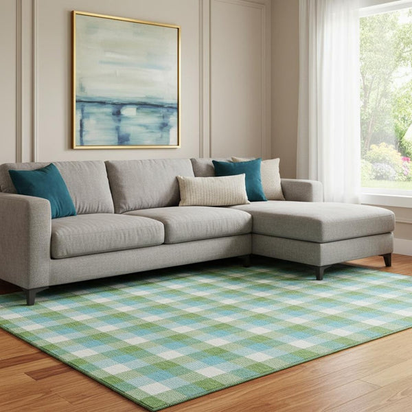 HomeRoots 10' X 14' Vibrant Lime Green, Teal & Ivory Plaid Washable Area Rug with UV Protection & Stain Resistance 682559