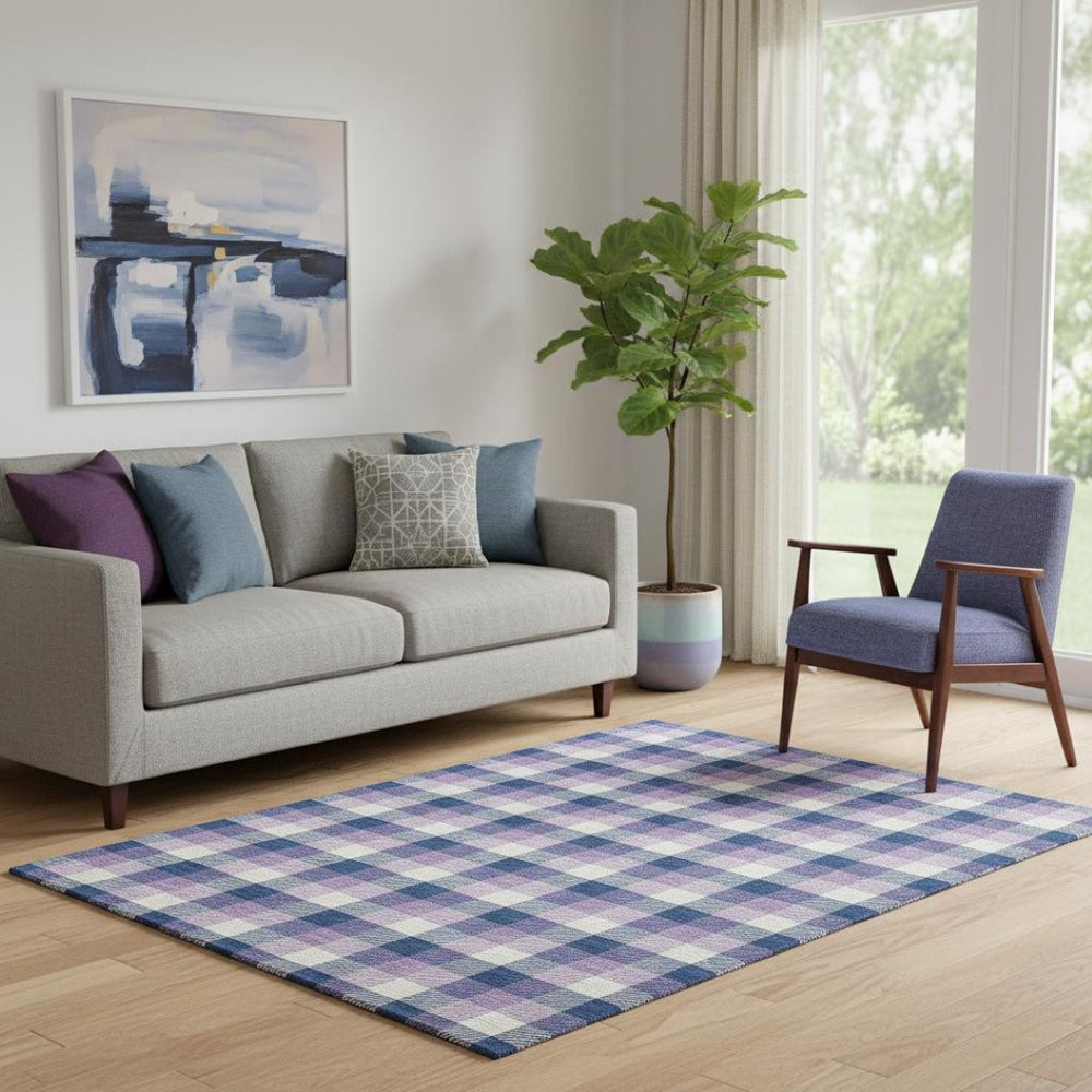 HomeRoots 5' X 8' Washable Navy Blue, Ivory & Purple Plaid Area Rug with UV Protection for Busy Homes & Style 682561