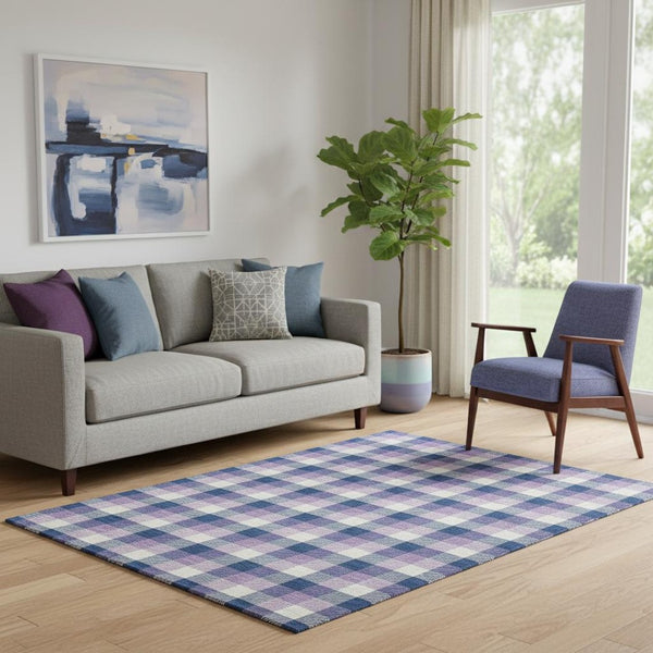 HomeRoots 5' X 8' Washable Navy Blue, Ivory & Purple Plaid Area Rug with UV Protection for Busy Homes & Style 682561