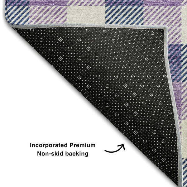HomeRoots 5' X 8' Washable Navy Blue, Ivory & Purple Plaid Area Rug with UV Protection for Busy Homes & Style 682561