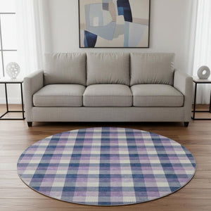 HomeRoots 8' Navy Blue, Ivory & Purple Plaid Washable Round Rug with UV Protection for Family Spaces & Style 682562