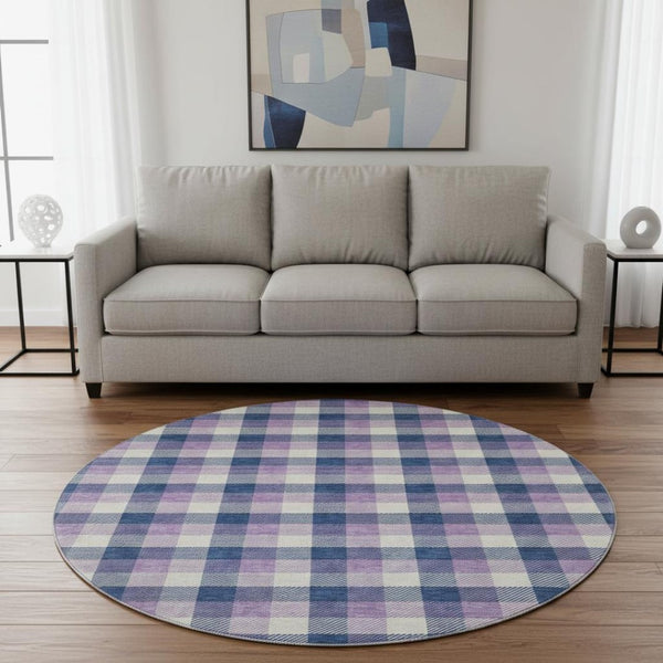 HomeRoots 8' Navy Blue, Ivory & Purple Plaid Washable Round Rug with UV Protection for Family Spaces & Style 682562