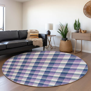 HomeRoots 8' Navy Blue, Ivory & Purple Plaid Washable Round Rug with UV Protection for Family Spaces & Style 682562