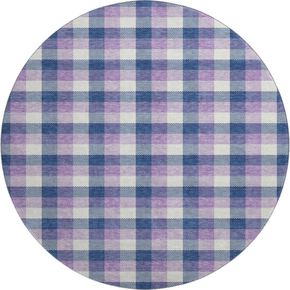 HomeRoots 8' Navy Blue, Ivory & Purple Plaid Washable Round Rug with UV Protection for Family Spaces & Style 682562