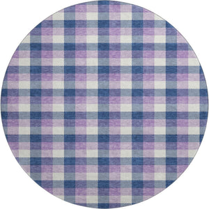 HomeRoots 8' Navy Blue, Ivory & Purple Plaid Washable Round Rug with UV Protection for Family Spaces & Style 682562
