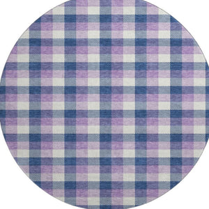 HomeRoots 8' Navy Blue, Ivory & Purple Plaid Washable Round Rug with UV Protection for Family Spaces & Style 682562