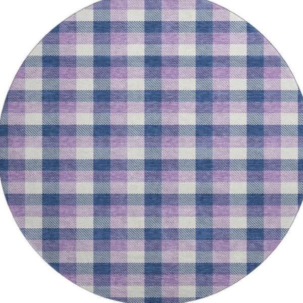 HomeRoots 8' Navy Blue, Ivory & Purple Plaid Washable Round Rug with UV Protection for Family Spaces & Style 682562