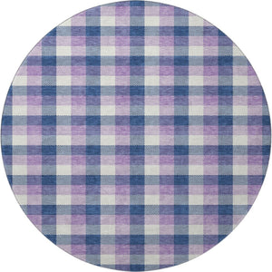 HomeRoots 8' Navy Blue, Ivory & Purple Plaid Washable Round Rug with UV Protection for Family Spaces & Style 682562