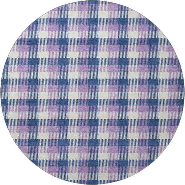 HomeRoots 8' Navy Blue, Ivory & Purple Plaid Washable Round Rug with UV Protection for Family Spaces & Style 682562