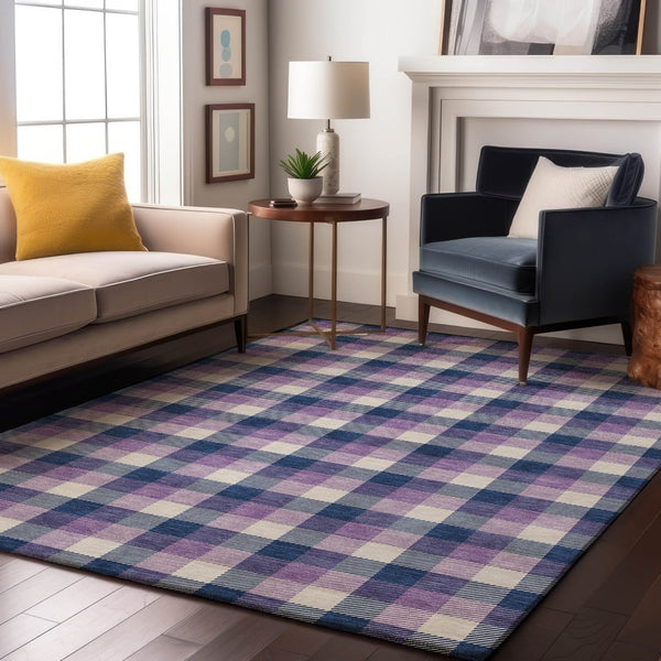 HomeRoots 8' X 10' Navy Blue Ivory Purple Plaid Area Rug - Washable, Stain-Resistant, UV Protection, Durable Design 682563