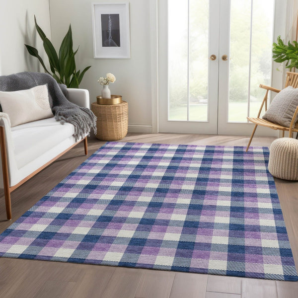 HomeRoots 8' X 10' Navy Blue Ivory Purple Plaid Area Rug - Washable, Stain-Resistant, UV Protection, Durable Design 682563