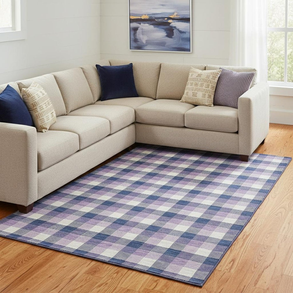 HomeRoots 10' Classic Navy Blue, Ivory & Purple Plaid Washable Area Rug with UV Protection for High Traffic Homes 682565