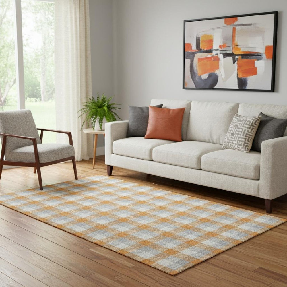 HomeRoots 5' X 8' Stylish Orange Ivory Gray Plaid Washable Area Rug with UV Protection for Everyday Use 682567