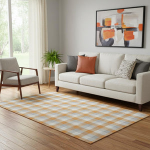 HomeRoots 5' X 8' Stylish Orange Ivory Gray Plaid Washable Area Rug with UV Protection for Everyday Use 682567