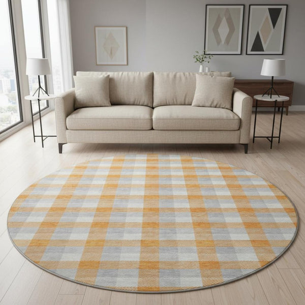 HomeRoots 8' Stylish Orange, Ivory & Gray Plaid Washable Round Rug with UV Protection for Durable Everyday Use 682568
