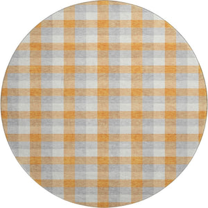 HomeRoots 8' Stylish Orange, Ivory & Gray Plaid Washable Round Rug with UV Protection for Durable Everyday Use 682568