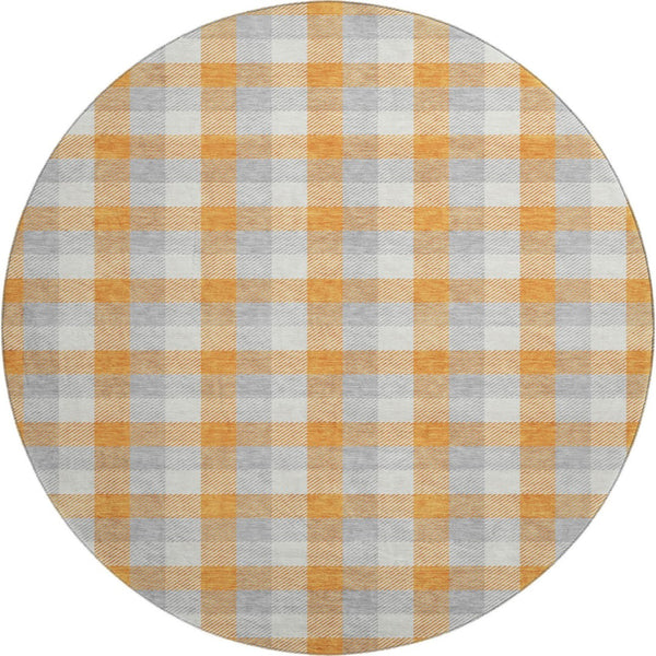 HomeRoots 8' Stylish Orange, Ivory & Gray Plaid Washable Round Rug with UV Protection for Durable Everyday Use 682568