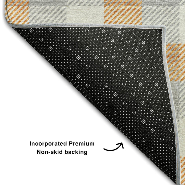 HomeRoots 8' Stylish Orange, Ivory & Gray Plaid Washable Round Rug with UV Protection for Durable Everyday Use 682568