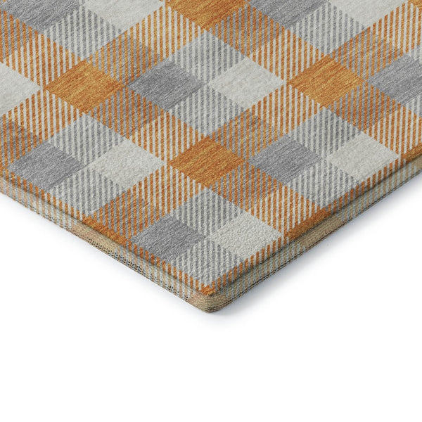 HomeRoots 8' Stylish Orange, Ivory & Gray Plaid Washable Round Rug with UV Protection for Durable Everyday Use 682568