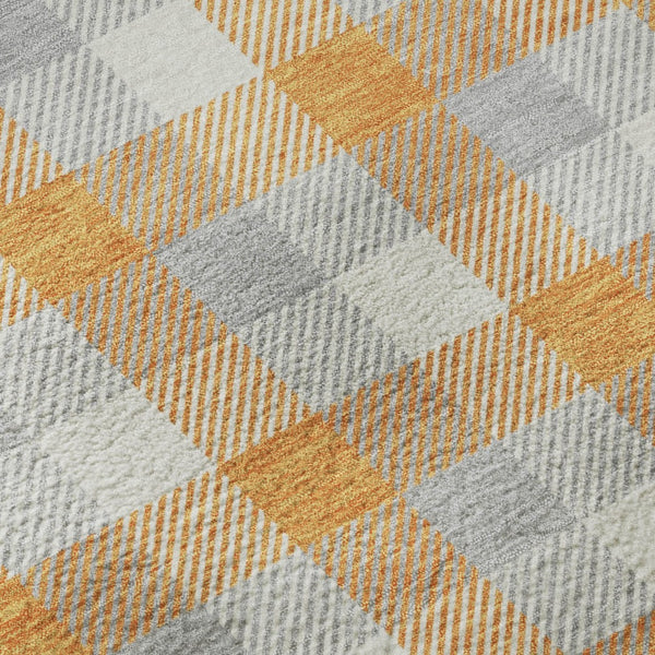 HomeRoots 8' Stylish Orange, Ivory & Gray Plaid Washable Round Rug with UV Protection for Durable Everyday Use 682568