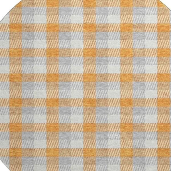 HomeRoots 8' Stylish Orange, Ivory & Gray Plaid Washable Round Rug with UV Protection for Durable Everyday Use 682568