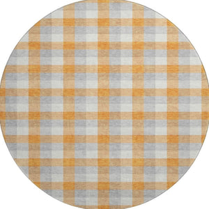 HomeRoots 8' Stylish Orange, Ivory & Gray Plaid Washable Round Rug with UV Protection for Durable Everyday Use 682568