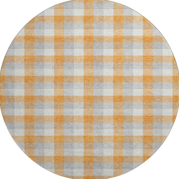 HomeRoots 8' Stylish Orange, Ivory & Gray Plaid Washable Round Rug with UV Protection for Durable Everyday Use 682568