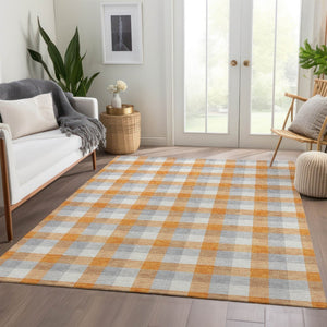 HomeRoots 9' X 12' Stylish Orange, Ivory & Gray Plaid Washable Area Rug with UV Protection & Non-Slip Backing 682570