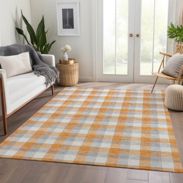 HomeRoots 9' X 12' Stylish Orange, Ivory & Gray Plaid Washable Area Rug with UV Protection & Non-Slip Backing 682570