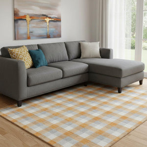 HomeRoots 10' X 14' Orange Ivory Gray Plaid Area Rug - Washable, UV Protected, Stain Resistant for Homes 682571