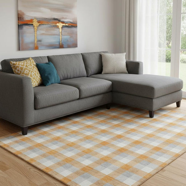 HomeRoots 10' X 14' Orange Ivory Gray Plaid Area Rug - Washable, UV Protected, Stain Resistant for Homes 682571
