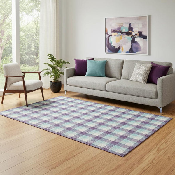 HomeRoots 5' X 8' Washable Purple Ivory Blue Plaid Area Rug with UV Protection for High-Traffic Spaces 682573